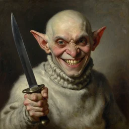 portrait portrait face head eyes grinning shamepunk the thieving Goblin wearing a grubby muslin turtleneck sweater whilst brandishing a dagger at you eyvind earle charlie bowater ross tran greg rutkowski greg danton jonas de ro jim mahfood victor brauner ilya repin oil painting
