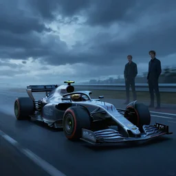formula 1 car, cloudy day, blue hour by filip hodas, by simon stalenhag, by greg manchess, cinematic, dramatic light concept art, matte painting, tranding on artstation, dystopia