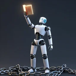the humanoid robot is raising one arm that is holding a glowing book in the air. the robot is standing on a pile of chains.