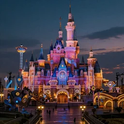 A magical and highly technological amusement park at twilight, colorful, dark, highly detailed