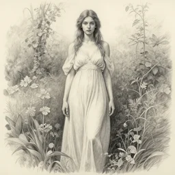 hyper realistic pencil drawing of a surreal goddess standingi n the garden, muted water color, full portrait, detailed, rim light, diffused, intricate, by anna dittmann