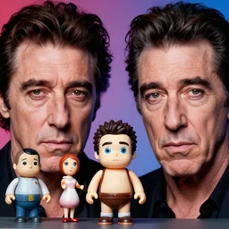 al pacino and robert de niro, focused, mugshots, photoshoot, sharp details, face photo, face details sharp, by donato giancola and greg rutkowski and wayne barlow and zdzisław beksinski, eyeballs, product photography, action figure, sofubi, studio lighting, colored gels, colored background,