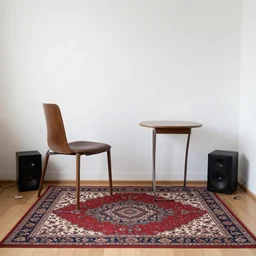 a room with a chair, a table, a speaker and a persian carpet, unsplash, postminimalism, aesthetic, cluttered