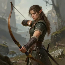 a young dnd character tiefling ranger holding a bow ready, highly detailed digital painting 4 k