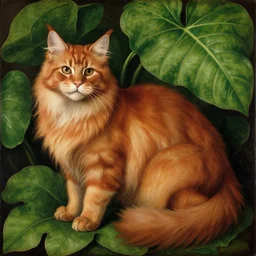 a reneissance painting of a red maincoon cat among big green leaves, very detailed, in the style of mantegna