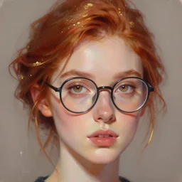 portrait of a beautiful woman with red-brown hair in a loose bun, wearing rounded glasses, with sparkling hazel eyes, by Jeremy Mann, stylized, detailed, loose brush strokes, pastel colors, warm tones, touches of gold leaf