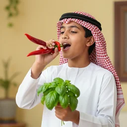 arab boy singing while holding a chilli pepper and a bunch of basil