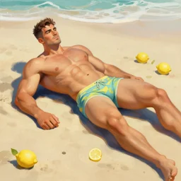 lemon fruit as a extremely muscular man lying on a beach trending on artstation, painted by greg rutkowski