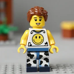 a preppy lego character wearing a smiley face t shirt and cow print pants