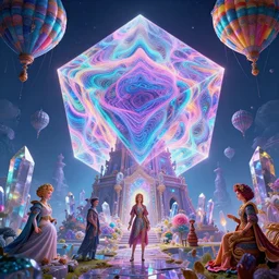 mysterious balloons over mystical crystal temple, infinite fractal tesseract, quantum waves, synthwave, bright neon colors, highly detailed, cinematic, eyvind earle, tim white, philippe druillet, roger dean, ernst haeckel, lisa frank, aubrey beardsley, kubrick