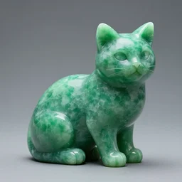 a cat made of bright green stone with the shape of a cat, organic cat, smooth cat, alive. cat, natural cat, hyper realistic cat,