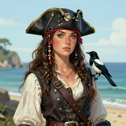 freckled mediterranean pirate girl with her pet magpie, seaside backgroud, art for young adult fantasy novel, fantasy, intricate, elegant, highly detailed, digital painting, art by chengwei pan and viktoria gavrilenko and artgerm and greg rutkowski and alphonse mucha, trending on artstation