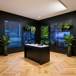 hyperdetailed cyberpunk samsung store, oak parquet, black walls, digital walls, plants