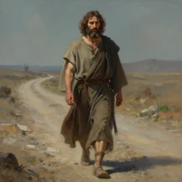 close - up portrait of bartimaeus!!! walking on a desolate road painted by berinski, paul lehr, fantasy artwork, artstation