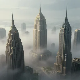 hyperrealistic matte painting of grand buildings above a mysterious and lively fog, classical architecture, art deco architecture, aetherpunk, cyberpunk, by hubert robert and hugh ferris and noriyoshi ohrai
