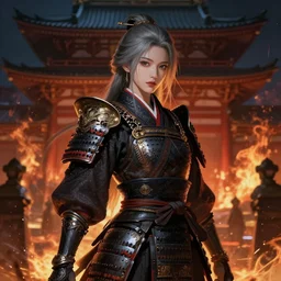 portrait han so hee samurai girl, grey hair armored samurai clothes, in fire japanese temple wet night, ssci - fi and fantasy, intricate and very very beautiful and elegant, highly detailed, digital painting, artstation, concept art, smooth and sharp focus, illustration, art by tian zi and wlop and alphonse mucha