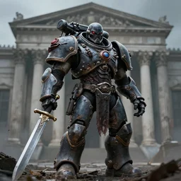 evil space marine, portrait, dark technology, mutations, post-apocalyptic, neo-classical architecture, sword, gun,