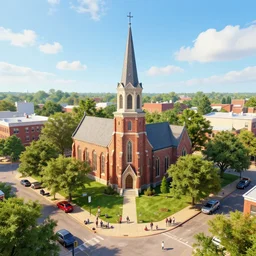 midwest city with church, square, trees, sunny day, volumetric light, people on streets, hyperdetailed, artstation, cgsociety, 8 k