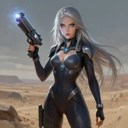 pleiadian woman with big eyes and long silver hair wearing a dark body suit and wielding a plasma gun as a realistic sci fi character, portrait art by donato giancola and greg rutkowski, digital art, trending on artstation, standing in a barren field