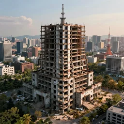 a beautiful photorealistic illustration of unfinished building palace industrial architecture abandoned architecture building nature city urbex by shigeru ban, gem tokyo sunlight darkacademia uv light nature, archdaily, wallpaper, highly detailed, trending on artstation.