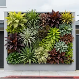 a living wall made of new zealand endemic plant species on a suburban street in wellington, new zealand. astelia, metrosideros, griselenia