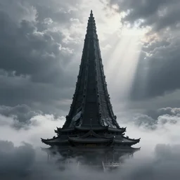 concept art, architecture design, a black inverted cone towers in chinese style made by obsidian, mist, cinematic clouds, god rays, cgsociety trending, unreal engine, hyperdetailed, 4 k