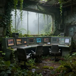 old abandoned control room overgrown with vines, ivy, moss, and vegetation with computers still functioning with lit screens and lights with a large viewing window into the fog | by quentin mabille and toby lewin, trending on artstation | intricate detail, finely detailed, small details, extra detail, photorealistic, high resolution, 3 d, path tracing, volumetric lighting