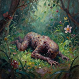 psychological horror movie still, amorphous life form crawling in a garden. complementary colors, oil painting, indie concept art, bloom, chiaroscuro, backlighting, intricate details.