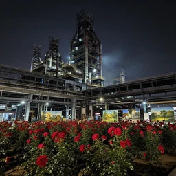 super wide angle view, red rose garden + beautiful paintings in the factory area, tall factory with many iron frames, iron nets, factory lighting, greg ratkowski, night, a little red rose on the iron frame, art station trend, low light, smoke, steel support volume lighting, ue 4 zbrush, marmoset kit,
