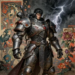 composition with portrait of gothic and futuristic, warhammer, cyber japan armor, many scars, many mechflowers, thunderstorm,, the middle ages, highly detailed, artstation, in the style of moebius, jugendstil and classic japanese print, psychedelic, art by jean delville and dragan bibin