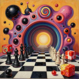 an extremely high quality hd surrealism warm painting of 4 d perspective neon complimentary - colors cartoon surrealism melting sculpture composition of zaha hadid biological anatomical blackballs candy illusion by a much more skilled version of kandinskypicasso and salvia dali the fourth, salvador dali's extremely talented painter cousin, 8 k, ultra realistic, chess, tunnels, licorice allsort cubes, candy