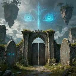 ancient overgrown ruins, medieval gates, runestones, nostlagia, mysetrious etherial mesmerizing runic cat eyes, magical elven geometry, floating islands, high detail