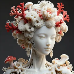intricate hyper detailed ultra sharp portrait of a beautiful porcelain well - contoured ivory fair smooth deep cyberpunk mechanoid, up close shot, sharp focus, global illumination, radiant light, intricate large haute couture coral flower headdress made of white sponge red corals, brackets, mushrooms, puffballs, rhizomorphs, alexandre ferra, irakli nadar, octane render, unreal engine, 4 k, ultra hd,