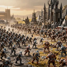 photo taken of an epic intricate, ultra detailed miniature modular, battlefield diorama created by weta workshop, zoomed in shots focussing an army of high elves battling a horde of orcs, with highly detailed exquisitely painted 3 d printed characters, cinematic wide shot, photorealistic, sharp focus, f 0. 4, low angle shot, macro, golden ratio, golden hour