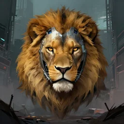 a lion cyborg helmet in a cyberpunk city abandoned by dan mumford, center frame singular high fantasy character concept art symmetrical features, digital painting, sharp focus, illustration