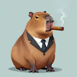 illustration of an accurate capybara wearing a business suit and smoking a cigar in his mouth