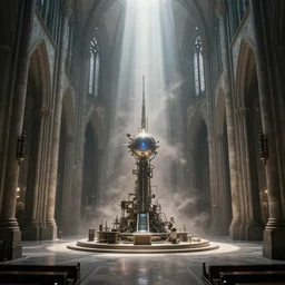 a machine!! that can reset the universe inside an empty! cathedral. sense of awe, hard science, light rays, suspended dust, establishing shot, concept art, digital art by simon stalenhag, intricate details