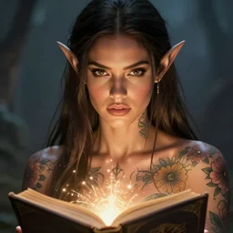 close-up face centred portrait Adriana Lima as a female elf, body covered in floral tattoos and elfish runes , open magic book glowing, D&D, fantasy, highly detailed, digital art, fantasy illustration, trending on artstation, smooth, sharp focus, illustration, art by artgem and ROBERT HYNES