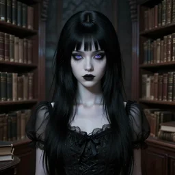 1 7 - year - old pale - skinned persian goth girl, black hair, long bob hair, psychic girl, old library, gloomy library, gothic library, ultra - realistic, sharp details, subsurface scattering, intricate details, cold lighting, highly detailed, photorealistic, octane render, 8 k unreal engine, art by artgerm