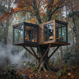 real treehouses, on stilts, made of staked container with glass windows, modernist, mysterious forest, autumn, atmospheric, misty, smoky atmosphere, some rays of light, cgsociety, oil on canvas, masterpiece, cinematic composition, hyper - detailed, hd, hdr, 8 k, by ruan jia, michael komarck, greg rutkowski