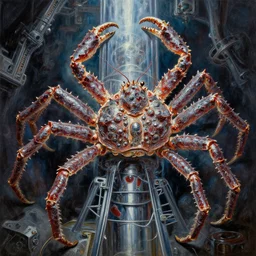 oil painting nightmare yaw whipping epic wire & chrome tiered japanese spider crab weapon hadron collider, cinematic, fine art, by boris vallejo, shigeru komatsuzaki