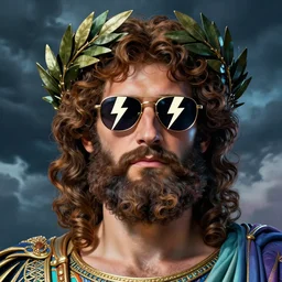 portrait of glamor greek god zeus | wearing lightning bolt sunglasses and a laurel wreath | curly hair, beard | storm background | highly detailed | very intricate | professional model | cinematic lighting | painted by donato giancola and mandy jurgens and charlie bowater | bold colors, artdeco, art deco outrun anime aesthestic, 8 0's nostalgia | featured on artstation