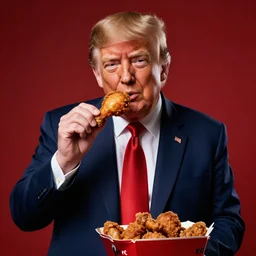 trump in a kfc suit eating chicken, 4 k, studio portrait, cinematic, highly detailed, volumetric lighting