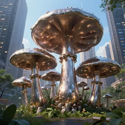 giant metal mushrooms in new york, beautiful graphics, fantasy artwork, very beautiful scenery, hd, hdr, ue 5, ue 6, unreal engine 5, cinematic 4 k wallpaper, 8 k, ultra detailed