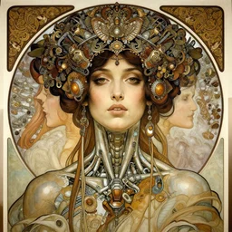 a portrait of female model by stefan geselle and nekro borja, illustration, biomechanical, intricate details, hyper realistic, ornate headpiece, dark beauty, photorealistic, by alphonse mucha, canon r 3, photography, wide shot, photography, dark beauty, symmetrical features