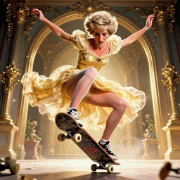 princess diana doing a kickflip on a skateboard, stunning, surrounding cinematic light, hyper detailed, ornate and intricate, 4 k cinematic octane render
