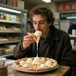 a man eating an ice cream flavored pizza in a new york bodega shop