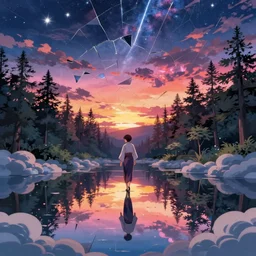 reimu walking in a cloud pond forest dusk, japanese shrine fractal dreamscape, shattered sky cinematic, shooting stars, mirror reflection, vibrant colors, digital anime illustration, award winning, by makoto shinkai