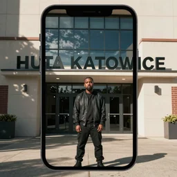 Kanye West standing in front of the entrance to Huta Katowice, big Huta Katowice text over the entrance, iPhone photo