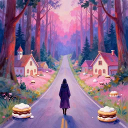 Heartbroken wandering mage-duelist on the endlessly long road. visiting the marshmallow chocolate s'mores village, nestled deep in the redwood glade. A concept of Melancholic Euphoric heartshine in the crush of oblivion. The vibrancy of nouveau is gilded with hollow-wishes. Trending on ArtStation. Vivid Pastel Gouache Ink Painting.